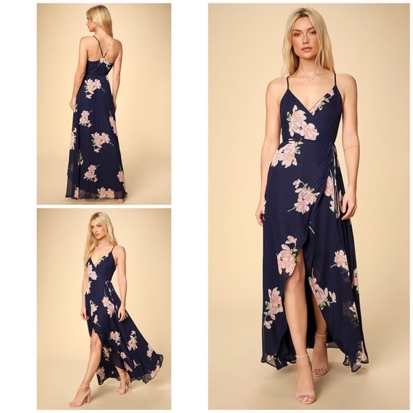 Lulus Dresses & Skirts - NWT Lulus Loiselle Navy Blue Floral Print Polka Dot Wrap Maxi Dress S M​​​​